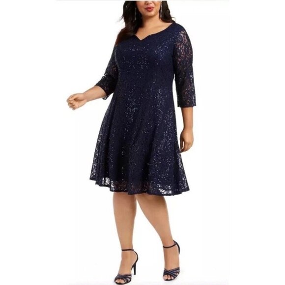 SLNY Womens Plus Size 20W Navy Blue Sequined A-Line Lace Cocktail Party Dress - Picture 1 of 8
